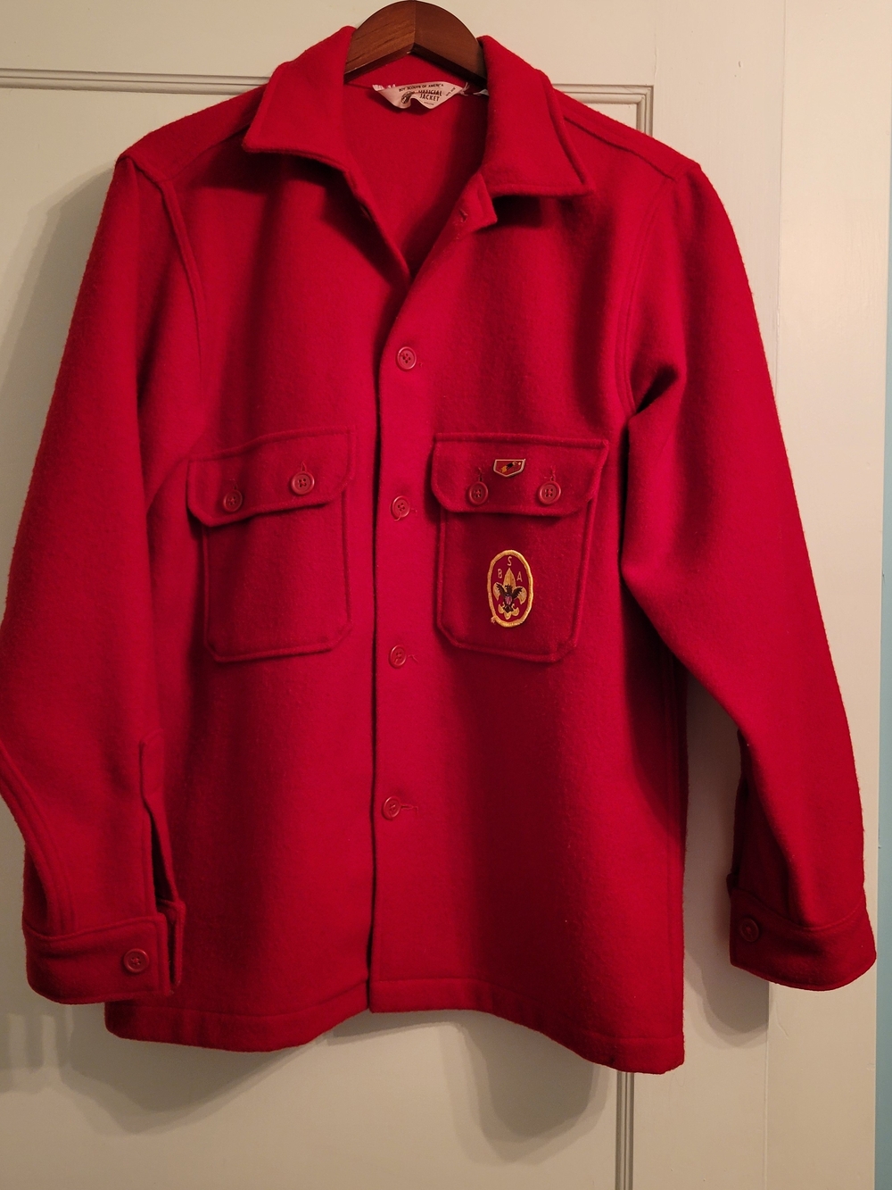 Red Boy Scout Button-Up Wool Jacket with Patch